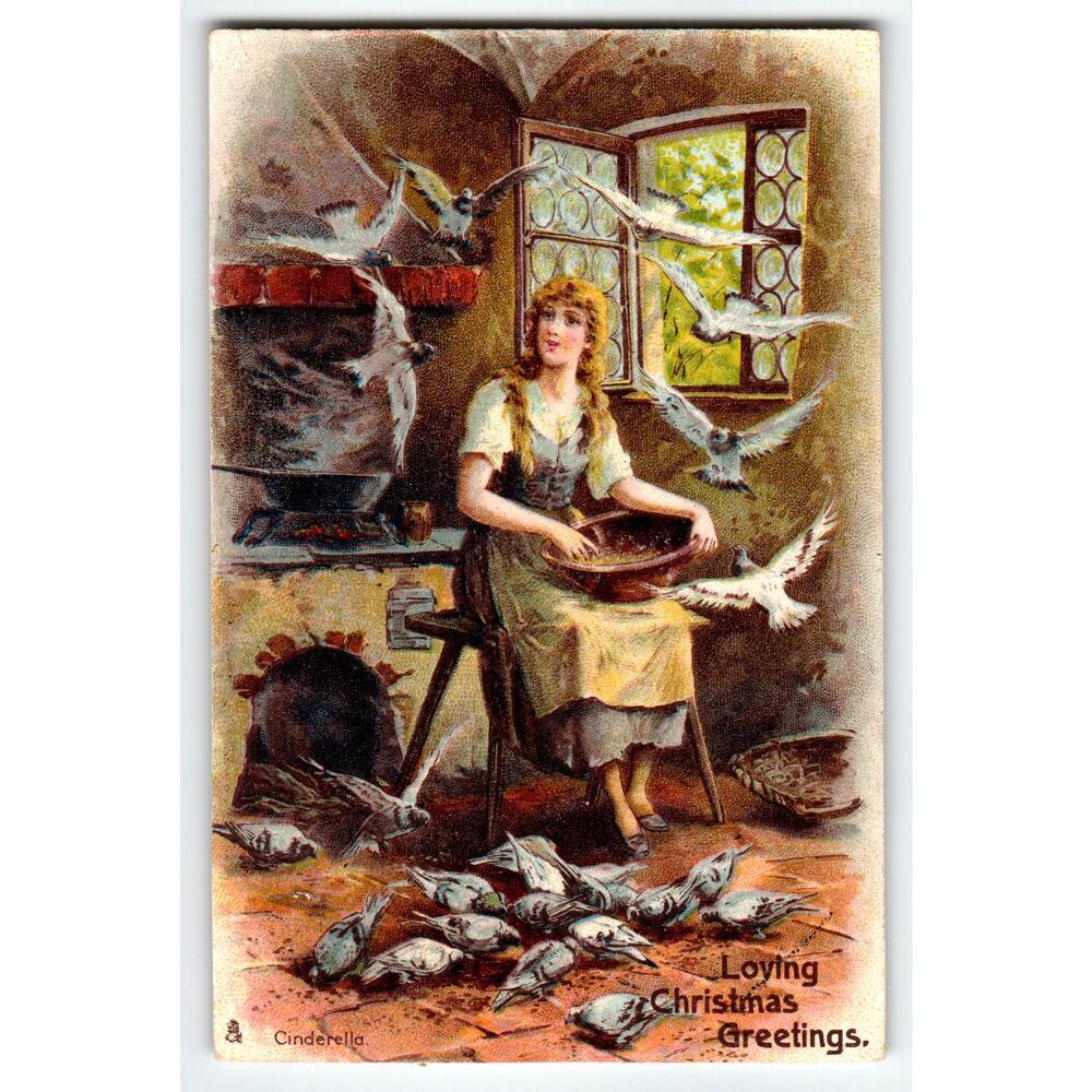 Vintage Cinderella Christmas Postcard Feeding Birds by Open Window Tuck